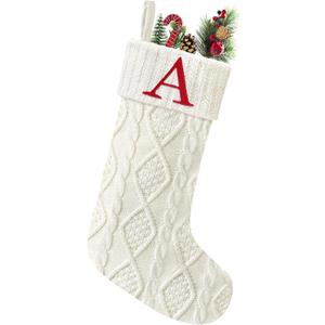 Senneny Christmas Stockings with Initials, 20” Large Embroidered Monogram Knitted Stockings for Family, Kids, Xmas Holiday Party Gifts & Decoration for Fireplace, White, Letter A