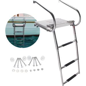 3-Step Boat Ladder with Swim Platform,Stainless Steel Dock Ladder with ABS Swim Platform 2 Handrails,500LBS Telescopic Boarding Ladder Dive Ladder for Pontoon Yacht
