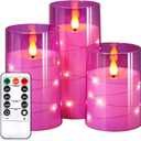NURADA Flickering Flameless Candles: Built-in Star String Lights 3D Wick Acrylic Battery Operated LED Pillar Candles with Remote and Timer for Table Wedding Centerpieces Party 3 Pack Purple (4-5-6 inches)
