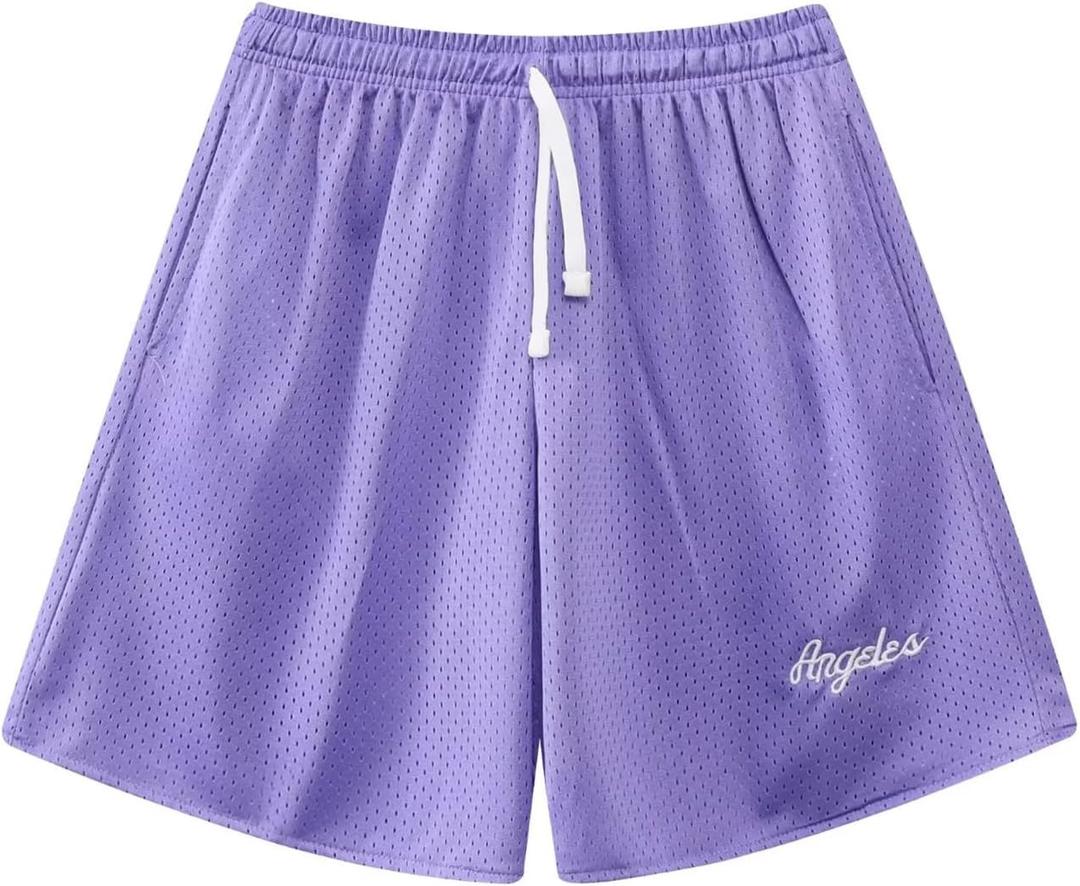 BOOMLEMON Men's Basketball Shorts Casual Workout Athletic Shorts Mesh Embroidered Logo Running Short Pants (Purple)