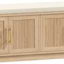 Akxomel 47.2" Fluted Shoe Storage Bench 4 Doors Wooden Entryway Bench Oak, 13.8"D x 47.2"W x 18.1"H