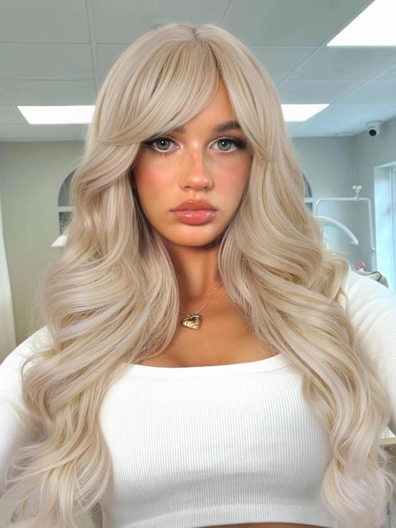 WIGER Long Layered Curly Wig With Bangs, Blonde Hair With Beige Ends, Synthetic Blonde Wigs Alice Wig for Women Cosplay or Daily Use