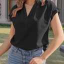 Tankaneo Womens Dressy Casual Tops Ruffle Short Sleeve V Neck Work Blouses Summer Business Casual Cotton Shirts Black (Black, L)