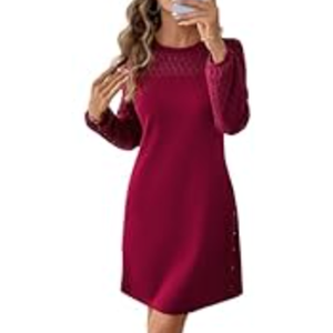 Happy Sailed Long Sleeve Dresses for Women Eyelet Lace Side Button A Line Mini Shift Dress Date Night Outfit Fashion 2026 Burgundy XX-Large