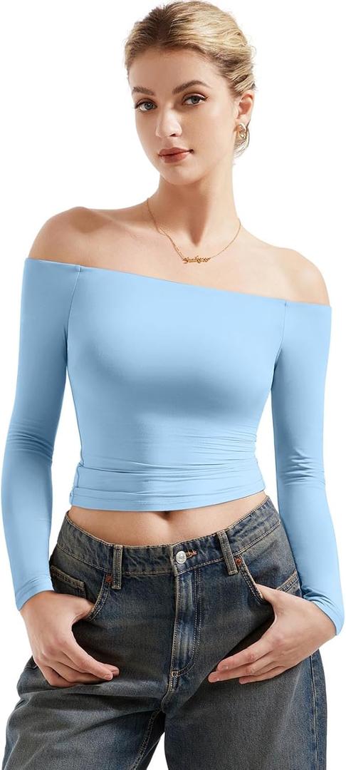 SUUKSESS Women Off Shoulder Double Lined Long Sleeve Shirts Basic Going Out Tops (X-Large, Sky Blue)