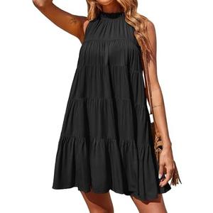 Okiwam Womens Summer Halter Dresses Sleeveless A Line Tiered Swing Mini 2025 Fall Casual Boho Beach Vacation Sundress,  M