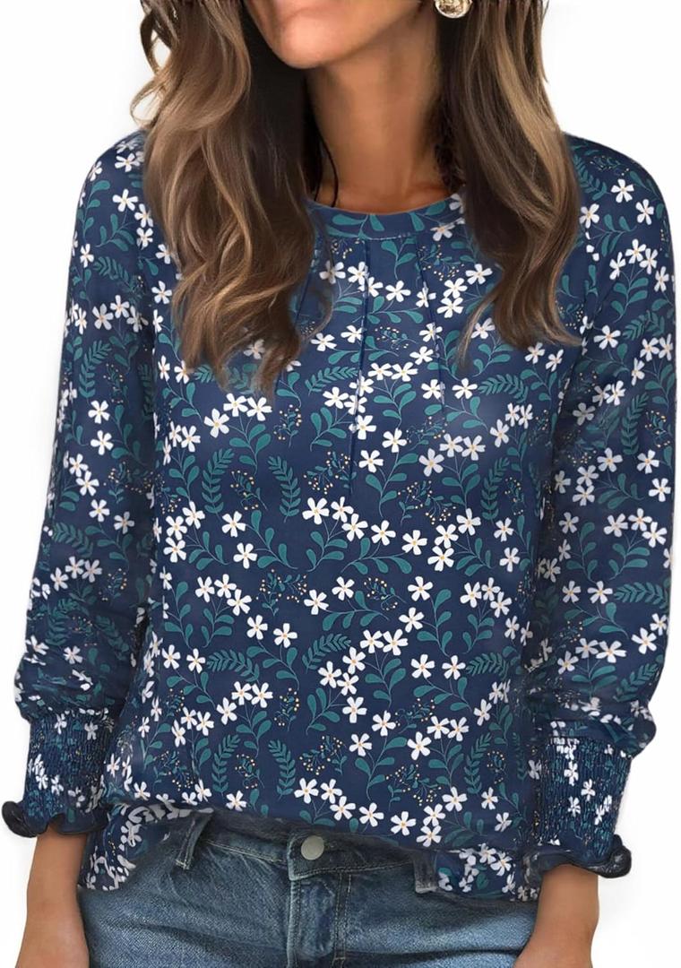 Long Sleeve Shirts for Women 2026 Spring Dressy Casual Blouses Pleated Crewneck Tunic Tops for Leggings Cute Tee (Large, Royal Blue Floral)