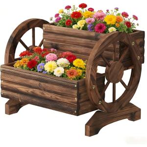 Wooden Wagon Planter Wooden Flower Cart with Wheels Outdoor Garden Planter, Decor Planter for Patio Balcony Decoration Succulent Flower Pot for Indoor Backyard Balcon planters (Carbonized, Medium)