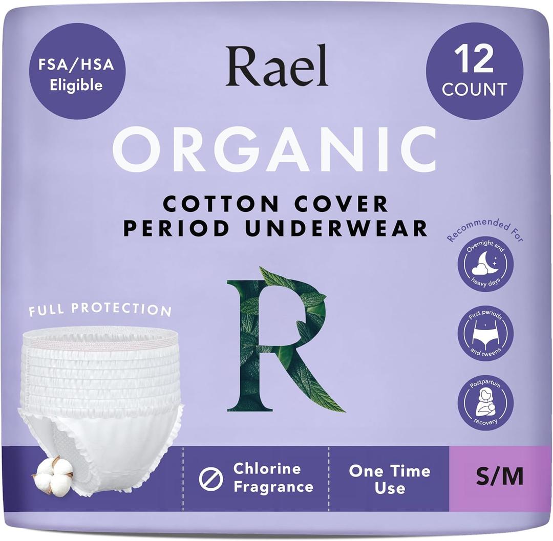 Rael Disposable Underwear for Women, Organic Cotton Cover - Incontinence Pads, Postpartum Essentials, Disposable Underwear, Unscented, Maximum Coverage (Size S-M, 12 Count)