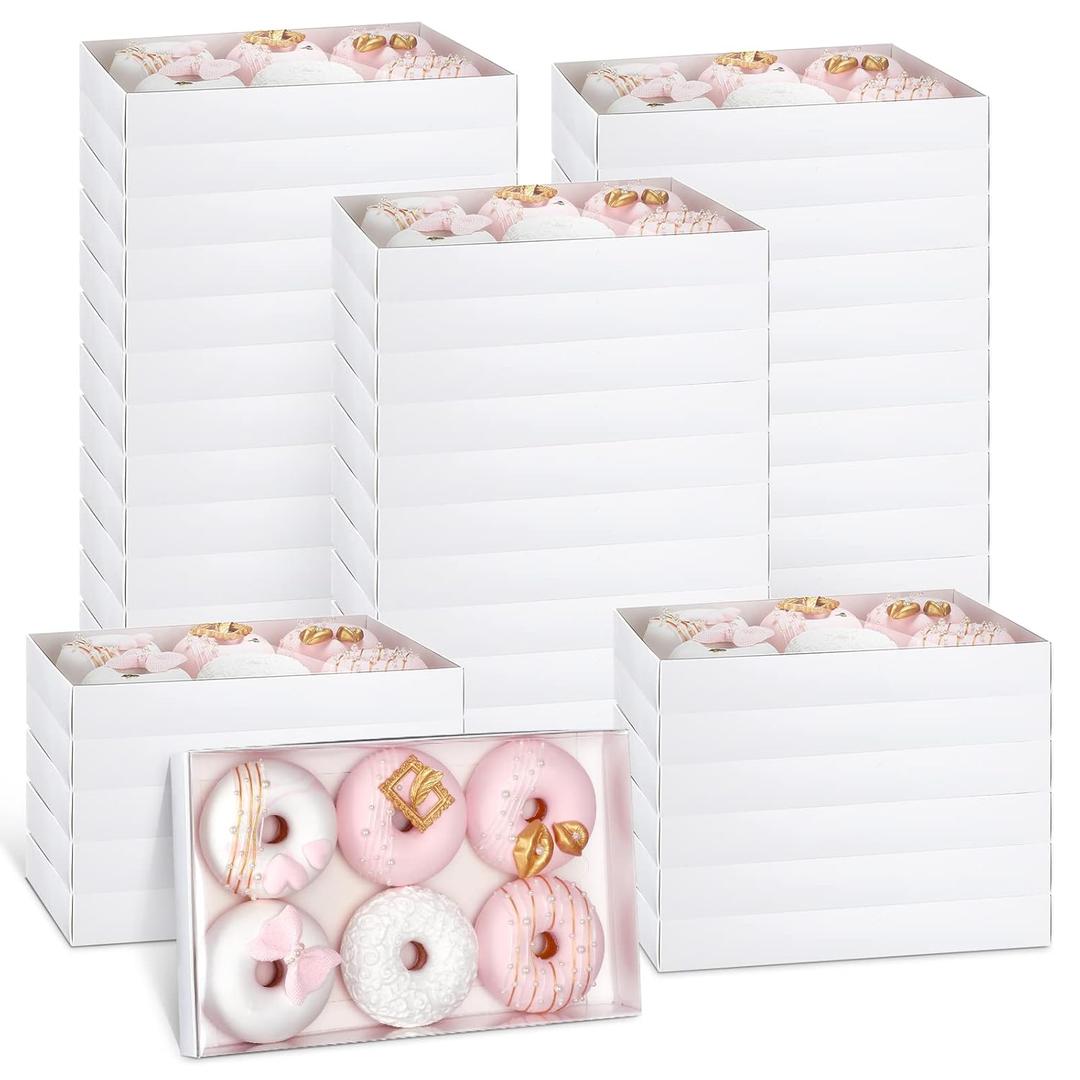 Karenhi 48 Pcs Clear Cookie Boxes with Full Window 9.5 x 5.9 x 1.3 in Bakery Treat Boxes Macaron Chocolate Donuts Pastry Clear Lids Packing Cotainer for Graduation Wedding Grad Party(White)