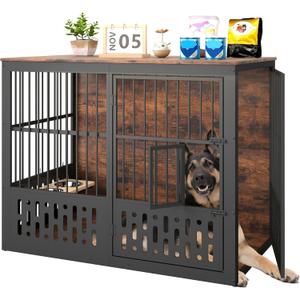 Yafylly 48 Inch XXL Dog Crate Furniture, Wooden Chewproof Dog Kennel with Interactive Window, 360 Adjustable Bowls (5 Heights), Storage Table Top, Heavy Duty XL Dog Crate for Medium Large Dogs, Brown