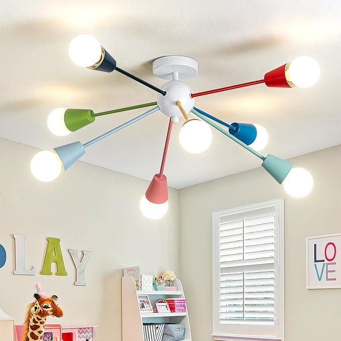 Colorful Chandelier, Modern Sputnik Chandelier, 8-Light Kids Light Fixture with Multi Color Rainbow Fun Lights for Kids Room Living/Dining Room Kitchen Hallway(E26)
