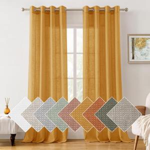 HOMEIDEAS Yellow Linen Sheer Curtains, 84 Inches Long 2 Panels Textured Semi Sheer Curtains Farmhouse Privacy Window Drapes for Bedroom Living Room