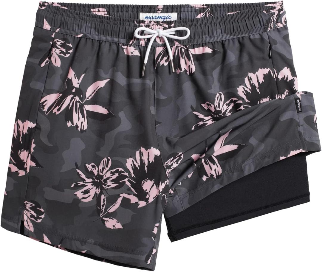 maamgic Mens Swim Trunks with Compression Liner 5" Stretch Beach Shorts Quick Dry with Zipper Pockets No-Chafing Board Shorts (Large, Dark Grey- Pink Poppy Flowers)