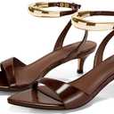 Coutgo Womens Low Kitten Heels Sandals Strappy Pointed Open Toe One Strap Metal Summer Dress Shoes, Coffee, Size 8