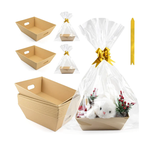 10PACK Empty Gift Basket Set, 11.8x9.8” Thick Kraft Market Tray Gift Basket with 10 Bows 10 Bags Empty Gift Baskets for Christmas Thanksgiving Valentine Easter Wedding Birthday Party Gift Wrapping (Kraft)