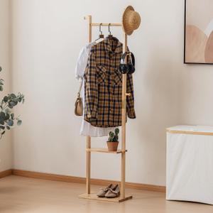 SOBIBO Wood Coat Rack Freestanding with Shelves & Hooks, 15.75inch, Natural