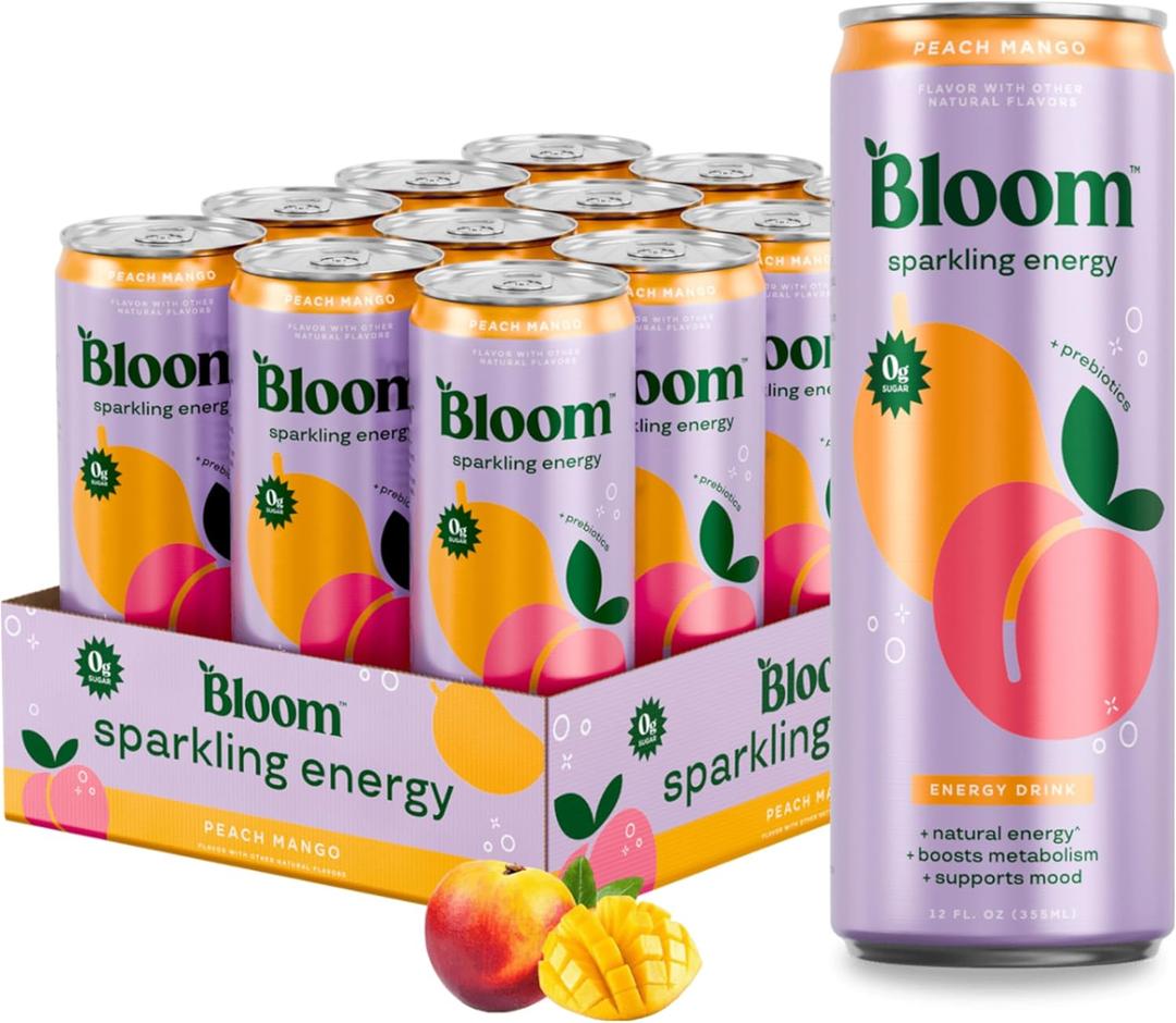 Bloom Nutrition Sparkling Energy Drink - Natural Caffeine, Zero Sugar, 180mg Caffeine - Antioxidant-Rich w/Green Coffee Bean, Green Tea Extract, Prebiotics - 12oz 12 pk