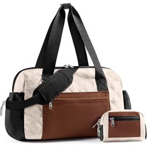 Small Gym Bag for Women, Mini Sports Duffle Bag for Workout Dance Ballet Yoga Gymnastics, Quilted Lightweight Puffer Travel Tote with Detachable Coin Purse & Wet Pocket, Beige-black-brown (S(14" x 6" x 10"))