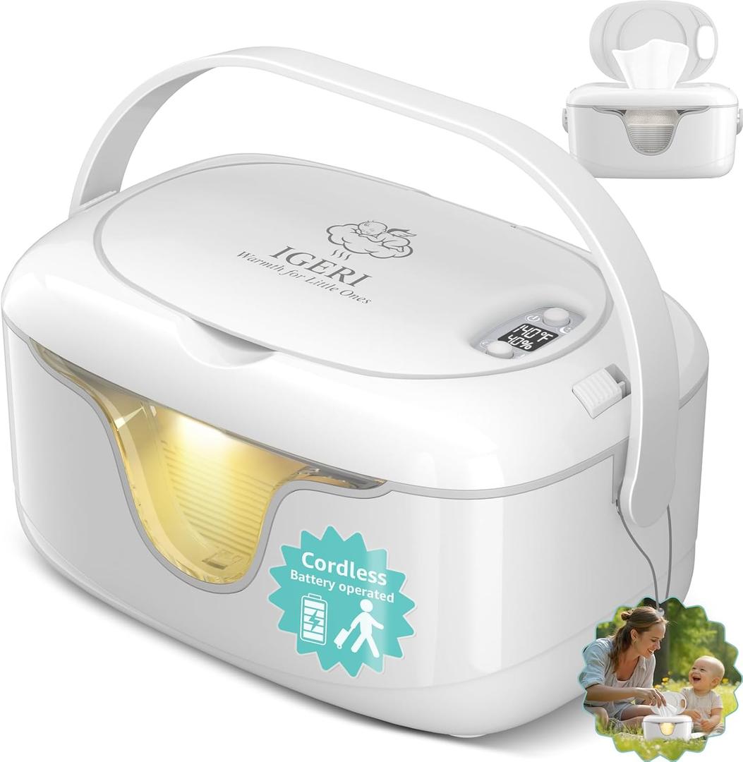 IGERI Portable Wipe Warmer and Wet Diaper Wipes Dispenser Cordless Battery Operated Travel Wetwipe Warmers Rechargeable with Nightlight Temperature Control