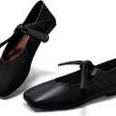 Coutgo Womens Mary Jane Flats Bow Square Toe Ballet Flats Dressy Comfortable Slip on Flat Shoes (8, Black)