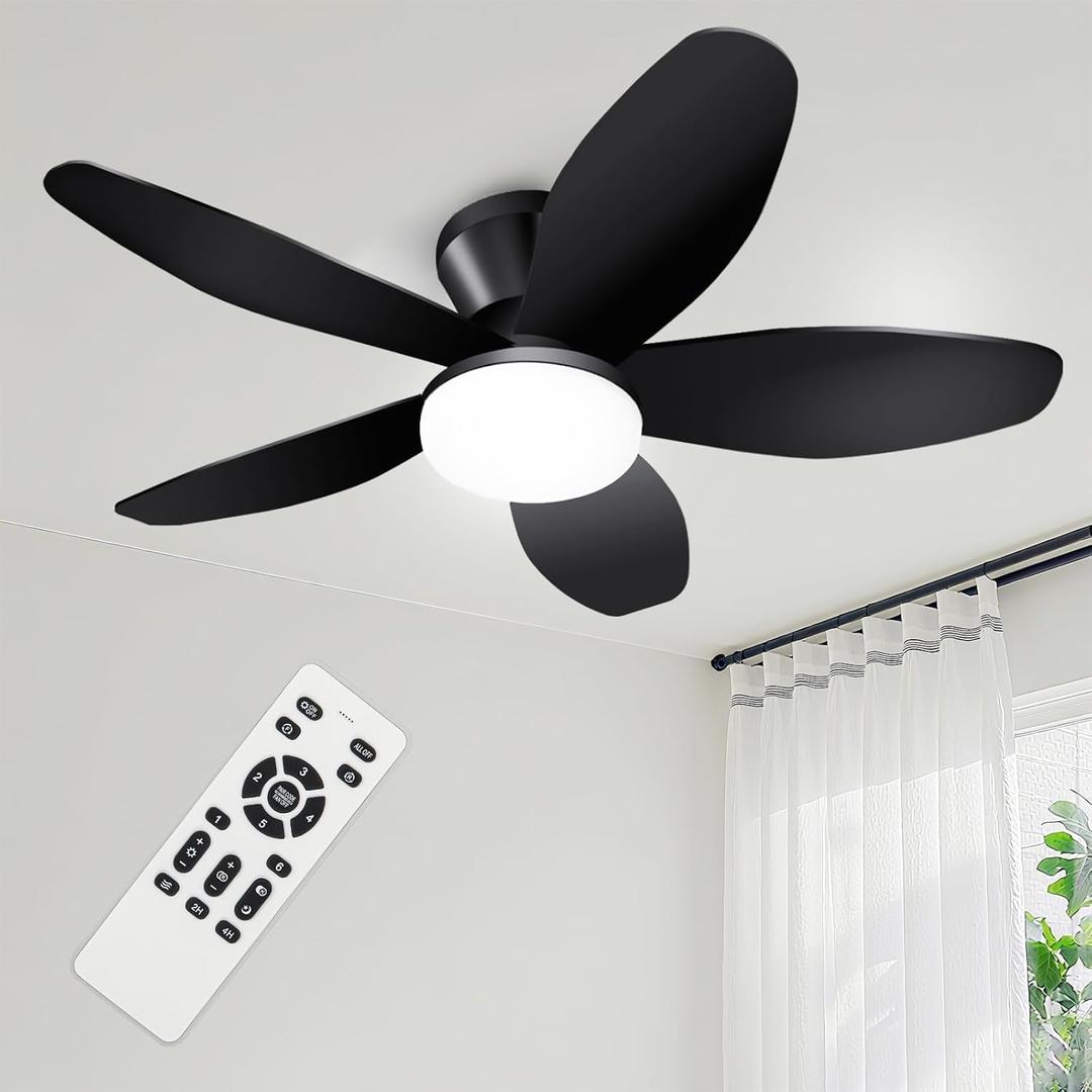 Ceiling Fans with Lights - 35 Inch Small Low Profile Ceiling Fan and Remote,Flush Mount Ceiling Fan with 5 Reversible Blades 6 Wind Speeds, Black Modern Ceiling Fans for Bedroom Kitchen