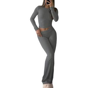 YETOWA Y2K 2 Piece Outfits Tummy Control Long Sleeve Crop Top High Waisted Flare Pants Soft Knit Lounge Set, Size S, Grey
