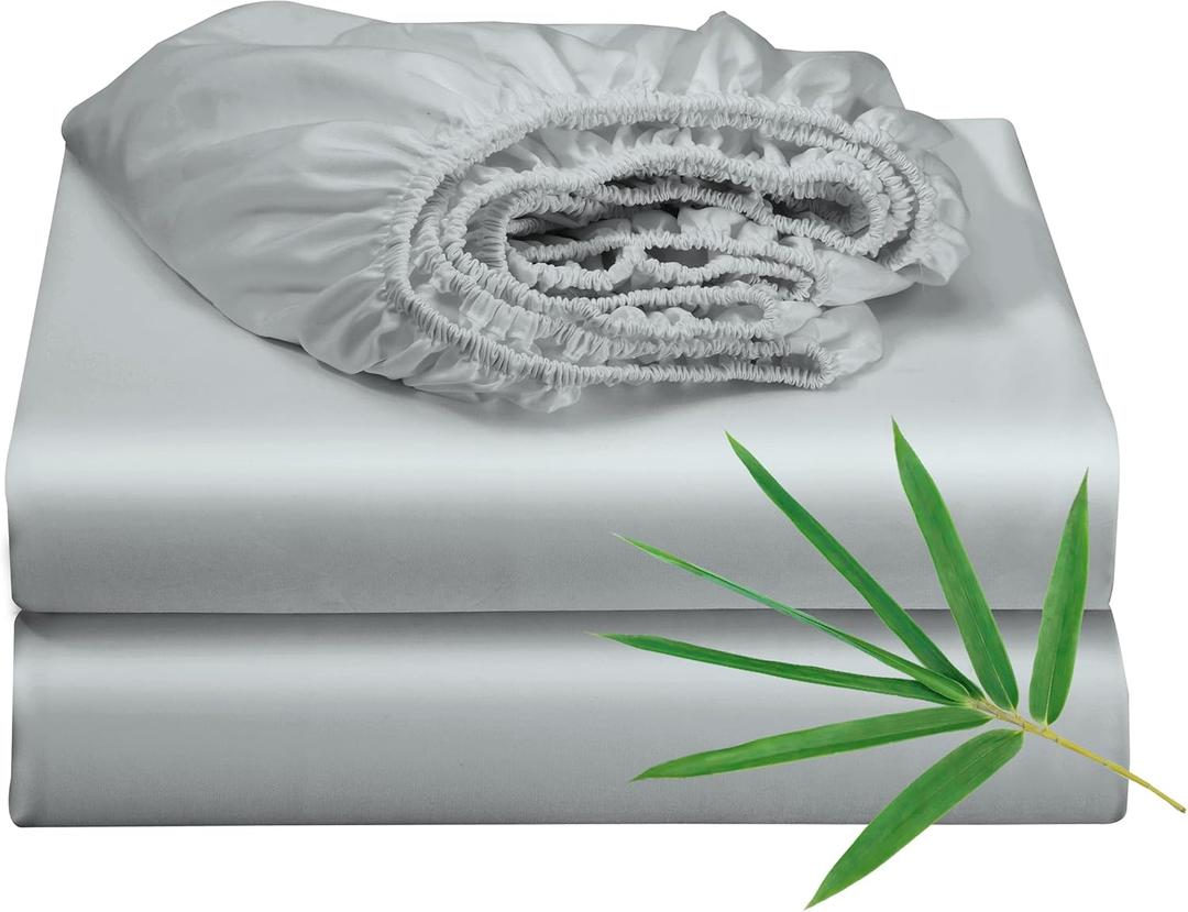 2 Pack Bamboo Viscose Cooling Fitted Sheet Queen Size Only, 400 Thread Count, 16" Deep Pocket Cooling Bottom Sheets for Hot Sleeper, Silky Soft Breathable (Queen, Gray