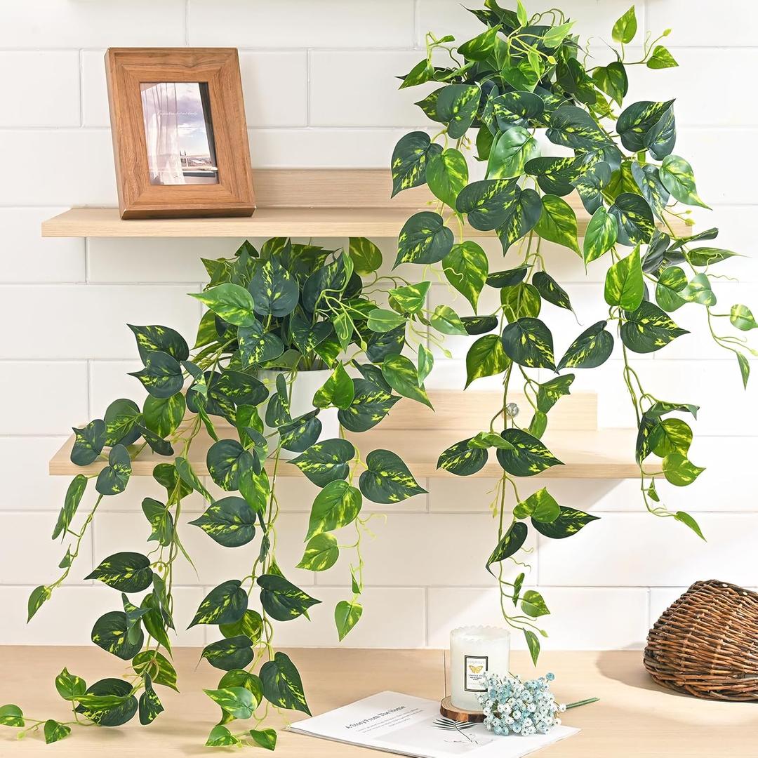 Waipfaru Fake Plants Artificial Plants Indoor, 2Pcs 34" Realistic Artificial Hanging Fake Pothos Vines Ivy Potted, Faux Pothos for Living Room Office Bedroom Bathroom Kitchen Shelves Indoor Home Decor