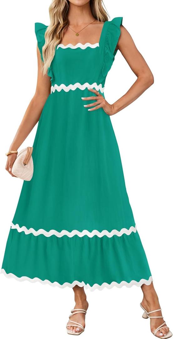 ZESICA Women's Summer Sleeveless Ruffle Dresses Square Neck Backless Boho Flowy Maxi Sundress with Pockets (Green, S)