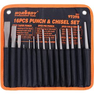 HORUSDY 16-Piece Punch and Chisel Set, Including Taper, Cold Chisels, Pin, Center