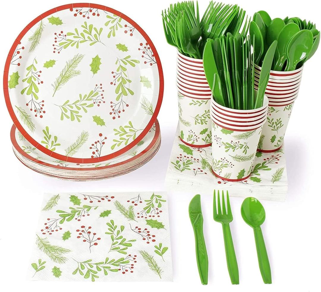 Juvale 144 Piece Christmas Party Plates, Napkins, Cups, Cutlery with Holly Berry and Leaves Design (Serves 24)