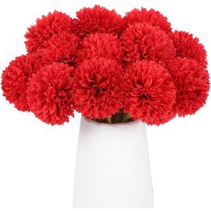 12 Pcs Artificial Chrysanthemums Flowers Silk Red Ball Flowers Fake Mums Flowers for Christmas Wedding Floral Table Centerpiece Home Decor (12, Red)