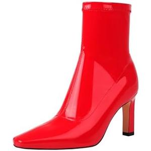 Mofirdast Women's Mid Calf Boots Comfy Square Closed Toe Stiletto High Heel Boot Zipper Short Ankle Booties Size 8, Red