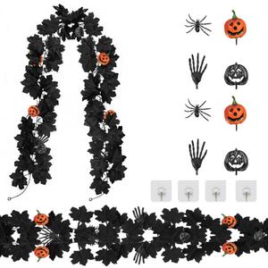 Black Halloween Garland - 2X 6.6FT Black Maple Leaf Vine Fall Garland, Halloween Decoration for Fireplace Mantel, Stairs, Wall, Home and Party Decor