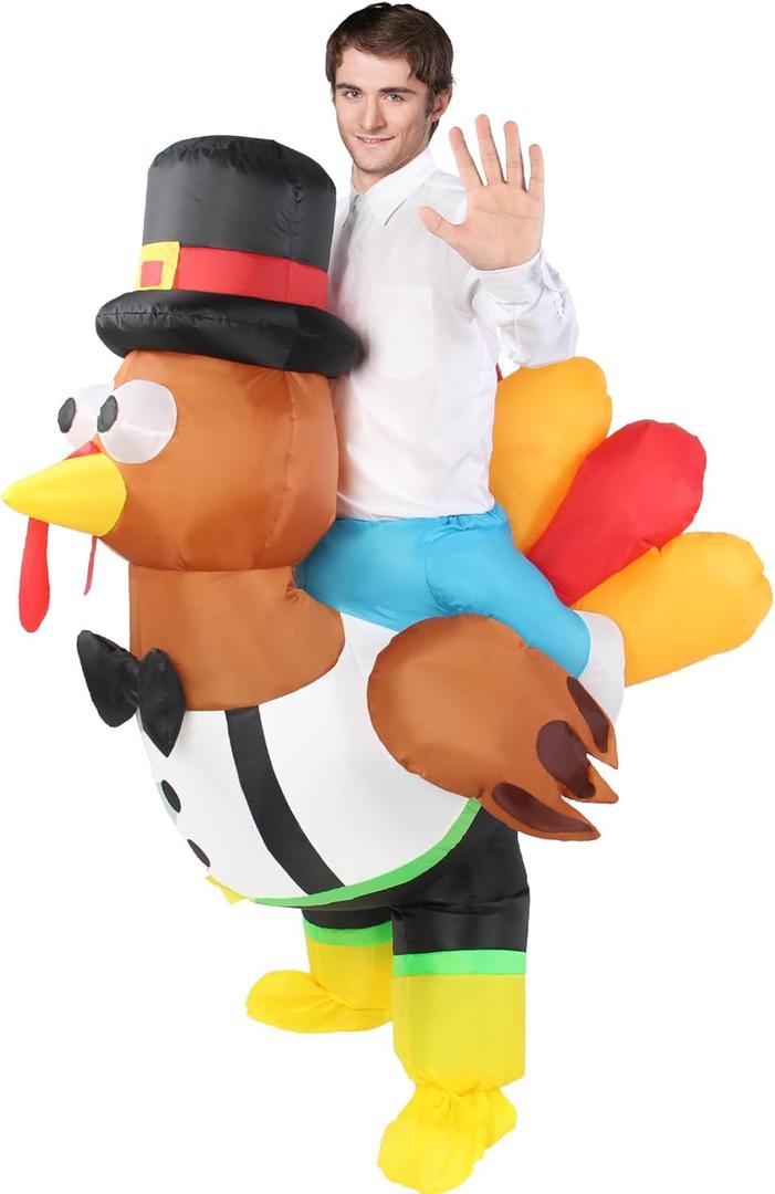 Thanksgiving Inflatable Turkey Costume Unisex Adult Ride On Turkey Costume Onesie Outfit Fancy Dress Costumes Blow up Fun Suit Outfit for Men and Women Holiday Party Cosplay Half Body