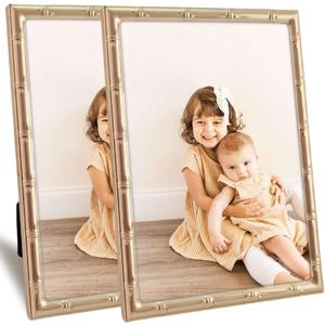 5x7 Gold Picture Frame with Elegant Metal Bamboo Design, 5 x 7 Photo Frames with HD Real Glass, Versatile Display for Tabletop or Wall Mounting, Great for Home Decor and Gift Giving (2Pcs)