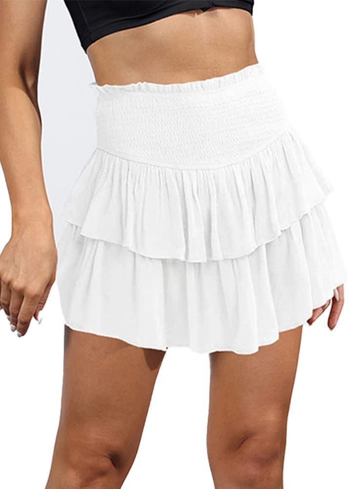 IDEALSANXUN White Skirt for Women 2025 Trendy Spring Summer Preppy Cute Teen Girls Mini Flowy Ruffle Skirt, White, XS