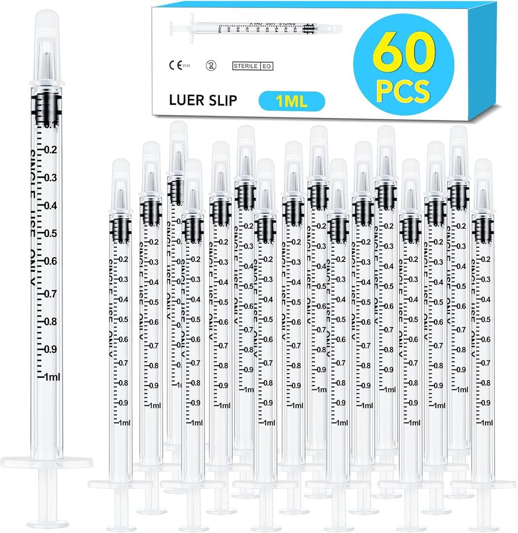 60 PCS 1ml Syringe with Cap for Liquid,Oral Syringes without Needle for Medicine Dropper, Colostrum Collect, Feeding Pets, Liquid Measuring, Individually Sealed, Luer Slip