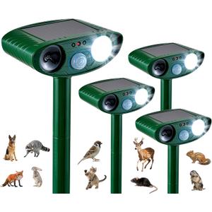 4 Pack Solar Animal Repeller for Raccoons, Deer & Squirrels - Ultrasonic & Strobe Light, Outdoor Deterrent for Cats, Dogs, Raccoons, Rabbits, Skunks, Foxes & More