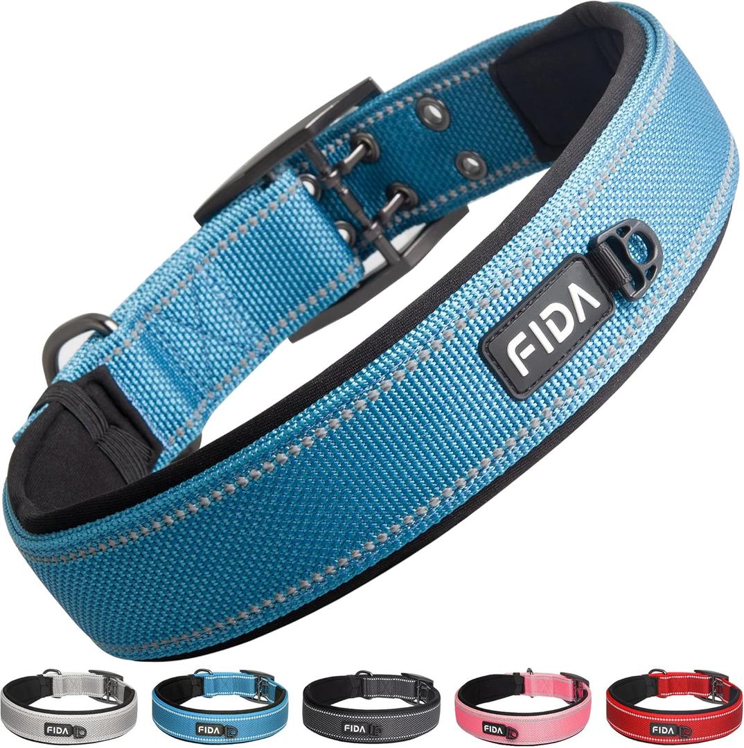 Fida Heavy Duty Dog Collar 1.5 Width, Ultra Soft Neoprene Padded, Adjustable Reflective Nylon Pet Collar with Two Metal Pin Belt Buckle for Extra-Large Breeds (XL, Blue)