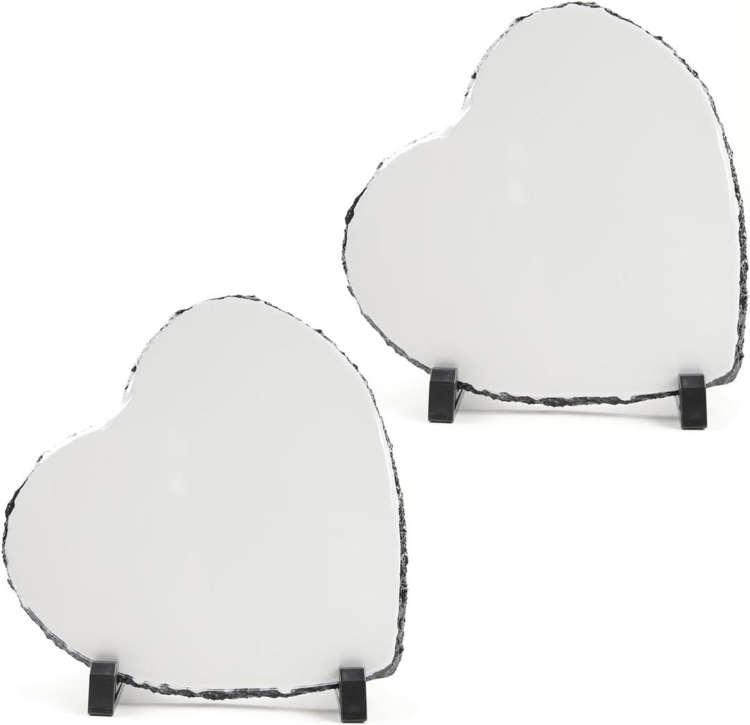 2 Pack Sublimation Slate Blanks 7.5x7.5 Inch Heart Custom Stone Slate Picture Frame Heat Transfer Rock Photo Plaque with Display Stand Decoration for Desktop Souvenir DIY Personalized Gift