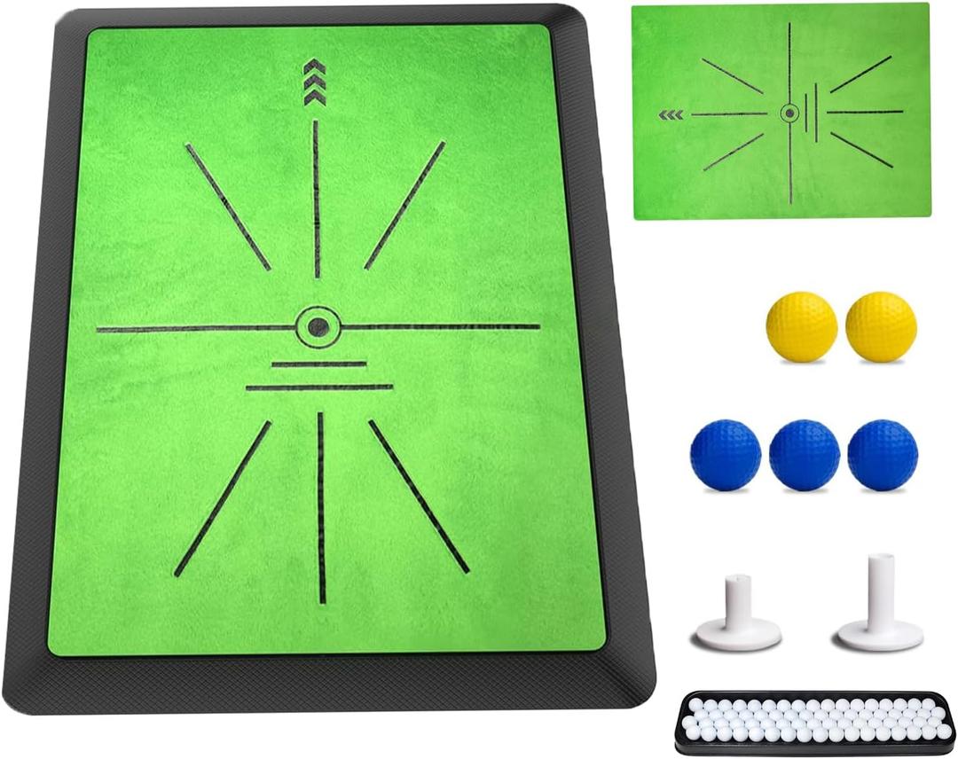 Golf Hitting Mat with Dual-Turf & Swing Feedback, Portable Golf Practice Mat with Anti-Slip Base for Indoor/Outdoor Use, Includes Ball Tray, 5 Balls & 2 Tees, Perfect Golf Mat for Chipping & Driving