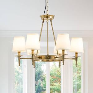 Brass Chandelier 6 Lights with White Fabric Linen Shade 29x52" W Gold Candle Pendant Light Fixture Modern Wagon Wheel Chandeliers for Dining Room Living Room Bedroom