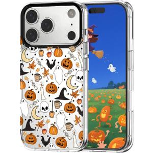 Ghost Phone Case Compatible for iPhone 17 Pro Max, Halloween Case Compatible with MagSafe, Clear TPU+Black Camera Frame Protection, Skull Bat Pumpkin Halloween Pattern Designed, Shockproof
