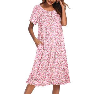 Ekouaer Nightgowns for Women with Pockets Button Front Short Sleeve House Dresses Floral Print Mumu Dress, Size L