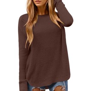 DB MOON Women Crewneck Long Sleeve Knitted Sweater 2025 Loose Fit Soft Solid Pullover (XX-Large, Brown)