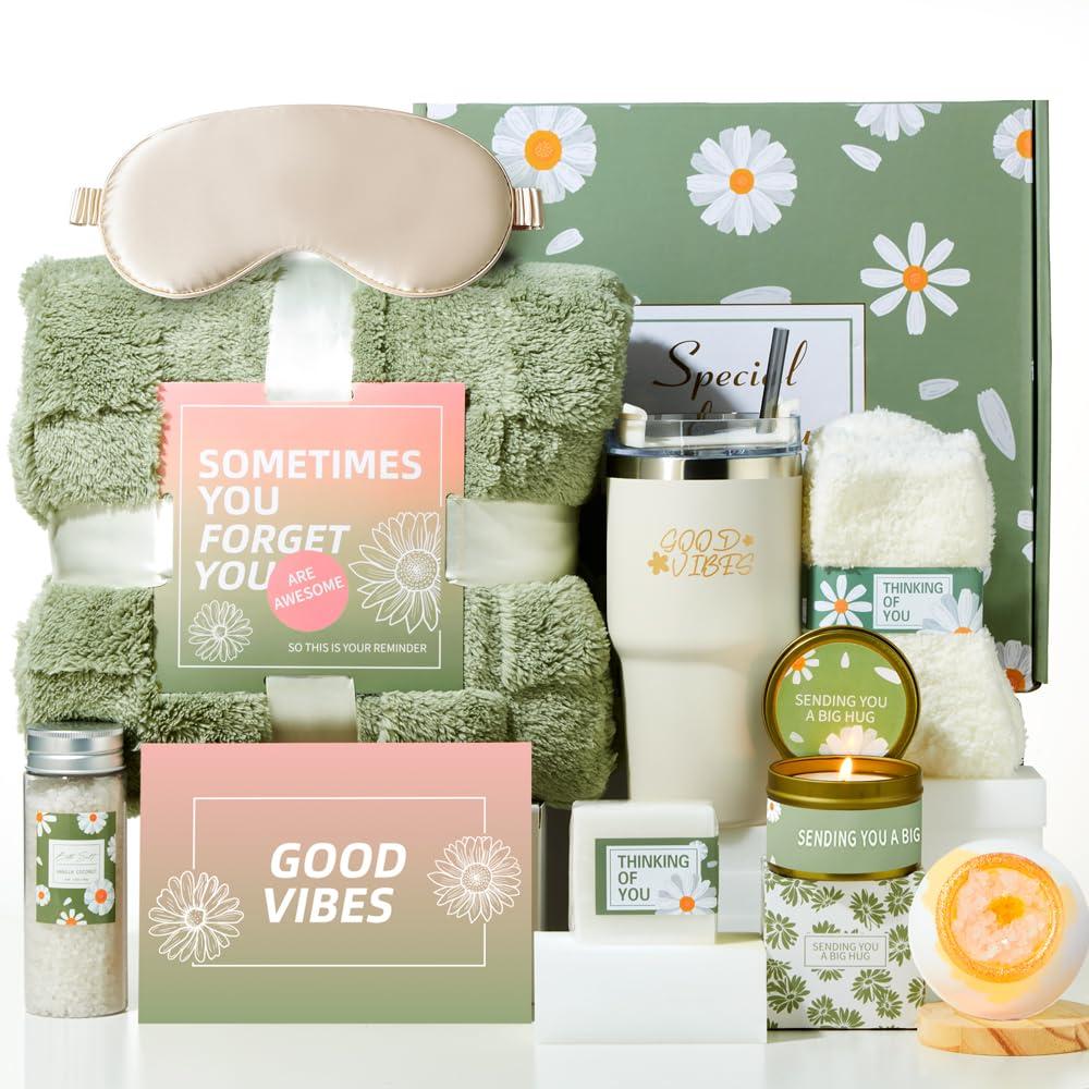 Self Care Gifts for WomenSpa Baskets Get Well Soon , Birthday Gifts for Women Care Package Relaxation Gift Sets for Women Relaxing or Thinking of You for Her (Green)