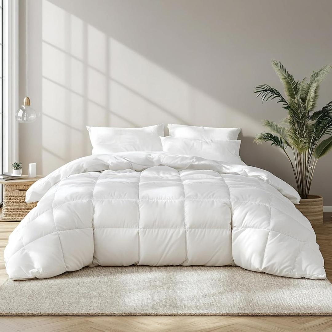 White Goose Feather Down Fiber Comforter,Ultra-Soft 100% Cotton Duvet Insert Queen Size,Hotel Collection Luxury All Season Bedding Comforter