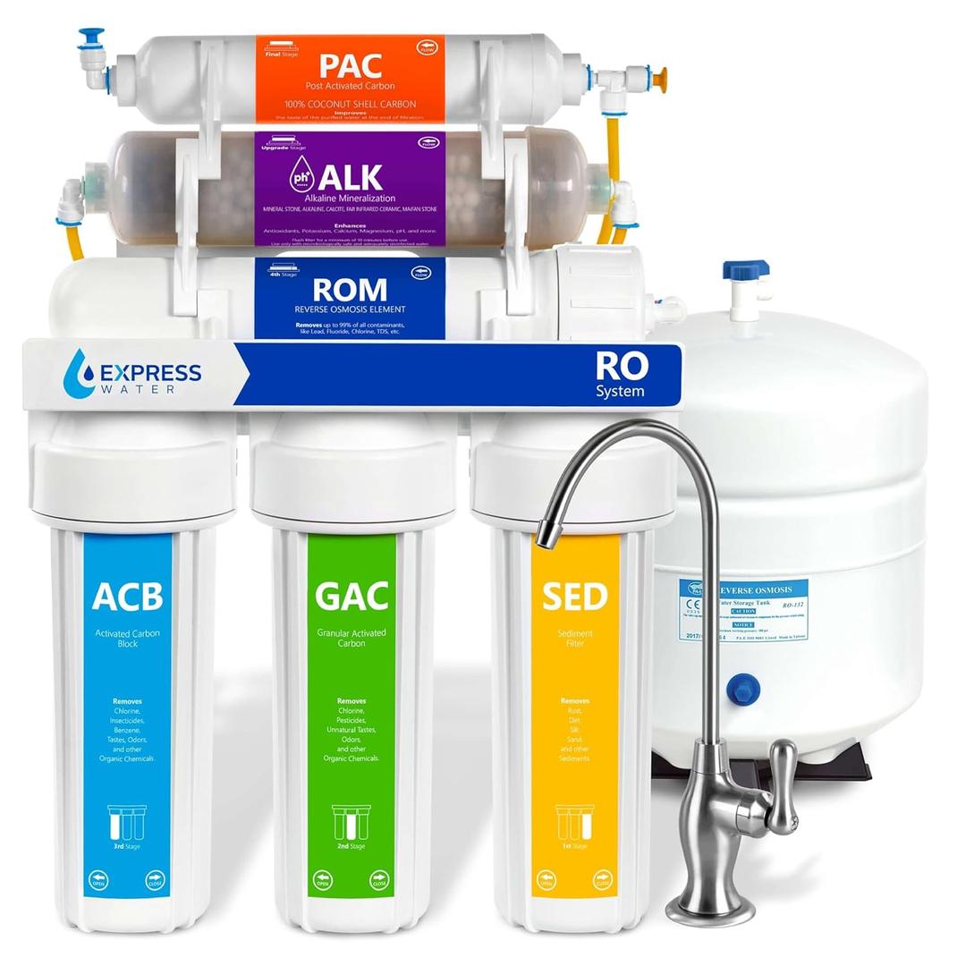 Express Water Reverse Osmosis Alkaline Water Filtration System  10 Stage RO Water Filter with Faucet and Tank  Under Sink Water Filter with Alkaline Filter for Added Essential Minerals  50 GPD (50 Gallons/Day)
